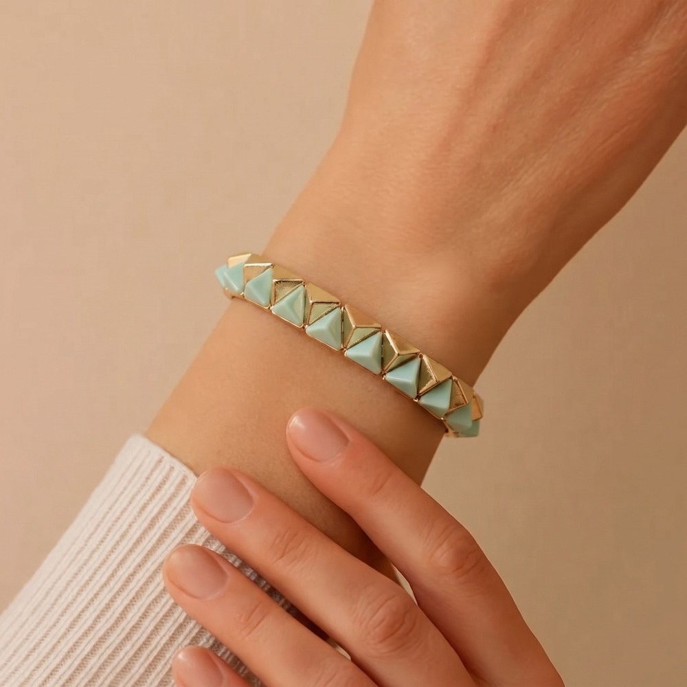 Gold Mint Green Pyramid Stud Stretch Bracelet Geometric Spike Edgy Jewelry